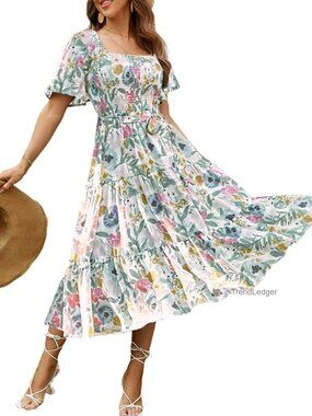 Boho Flowy Long Sleeve Square Neck Floral Midi Dress Smocked Spring Fall